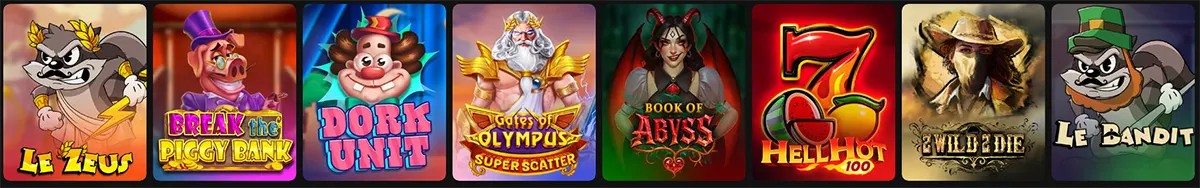 Row of colourful slot game thumbnails in a horizontal carousel, including Le Zeus, Break the Piggy Bank, Dork Unit, Gates of Olympus (Super Scatter), Book of Abyss, Hell Hot 100, Wild & Die, and Le Bandit.