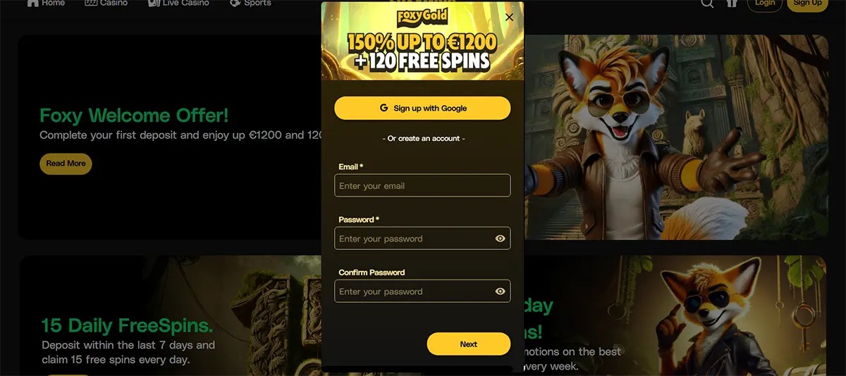 Casino website screenshot with a centred sign-up pop-up for FoxyGold showing “150% up to €1200 + 120 Free Spins,” a Google sign-up button, email/password fields, and a “Next” button, over a background featuring a cartoon fox and promo tiles.